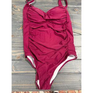 Yonique One-Piece Ruched Burgundy Swimsuit With Adjustable Straps & Back Cutout